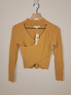 NWT Poof Cable Knit Cutout Crossover Sweater Mock Neck Camel Tan Curry Womens S